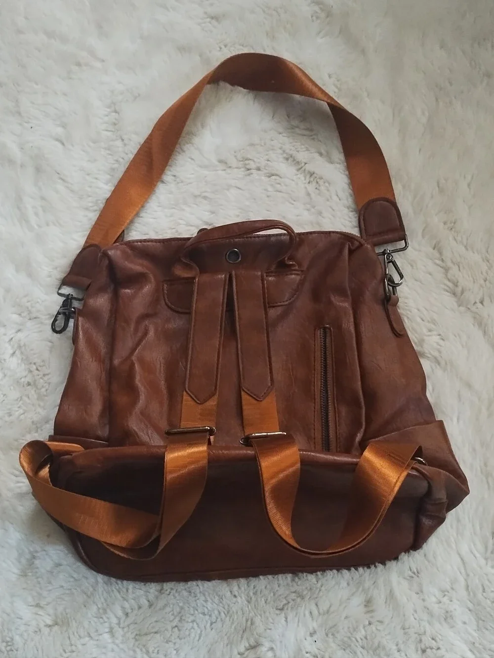 Women's Tan Faux-Leather Backpack with Front Zip Pockets